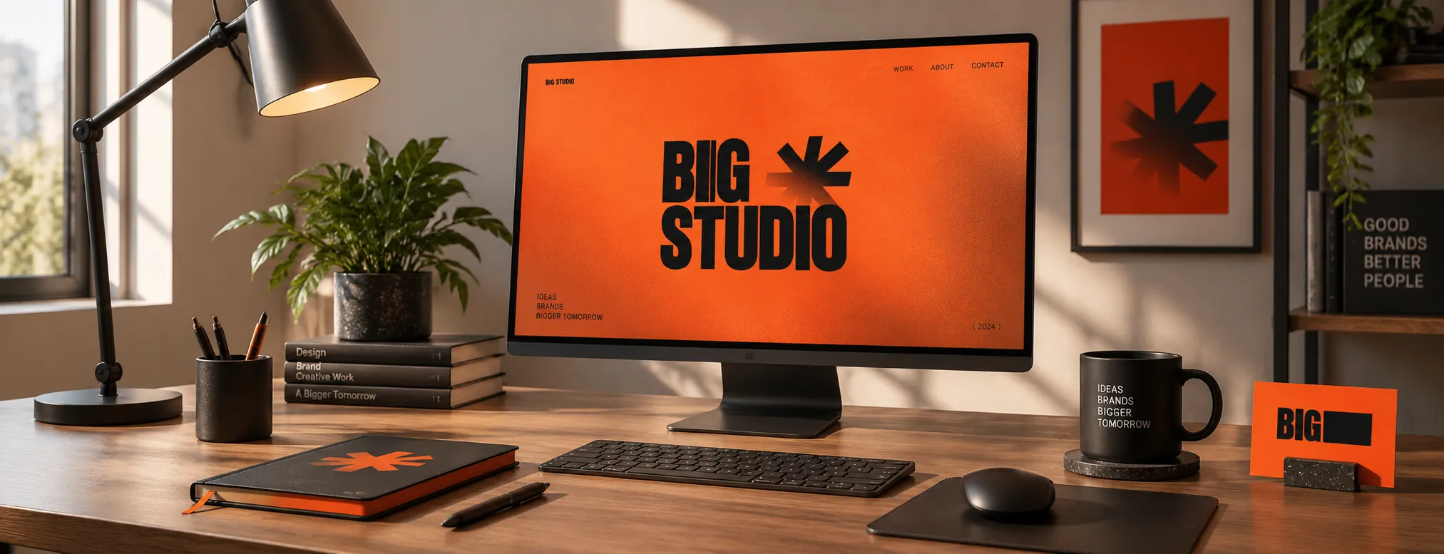 Mesa de trabalho com a marca da Biig Studio no monitor
